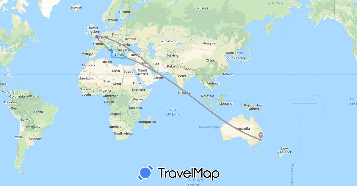 TravelMap itinerary: driving, plane, train, boat in United Arab Emirates, Australia, France, United Kingdom, Greece, Italy, Turkey (Asia, Europe, Oceania)